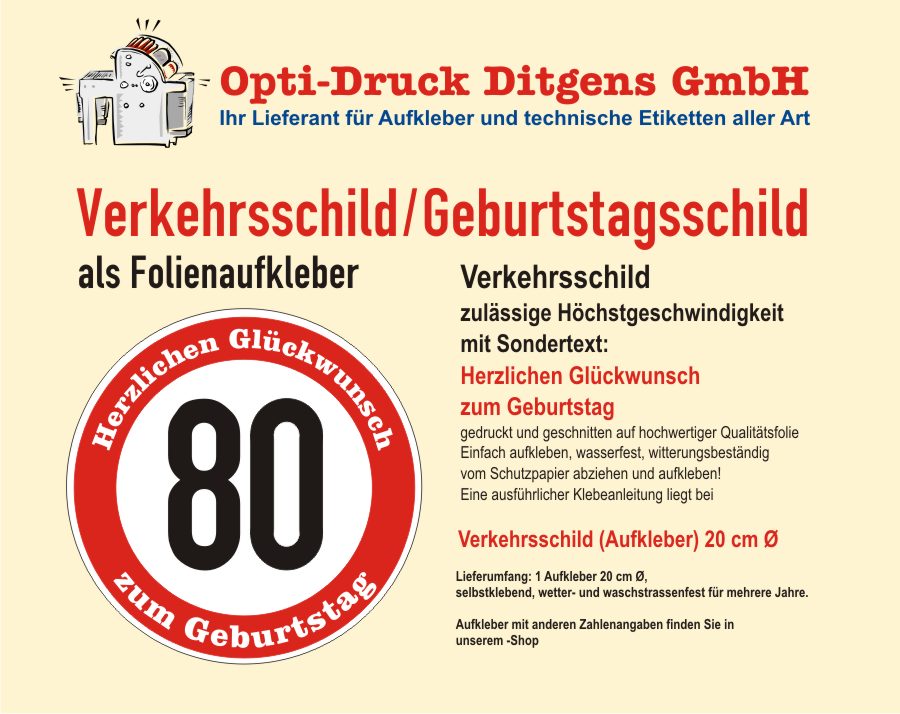 Verkehrsschild 80 Geburtstag Aufkleber Verkehrszeichen Straßenschild