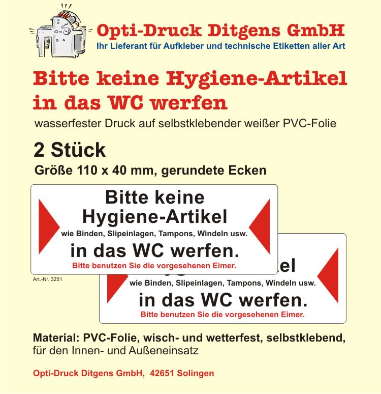 2 x Aufkleber keine Hygieneartikel Binden in das WC werfen 11 x 4 cm Nr ...